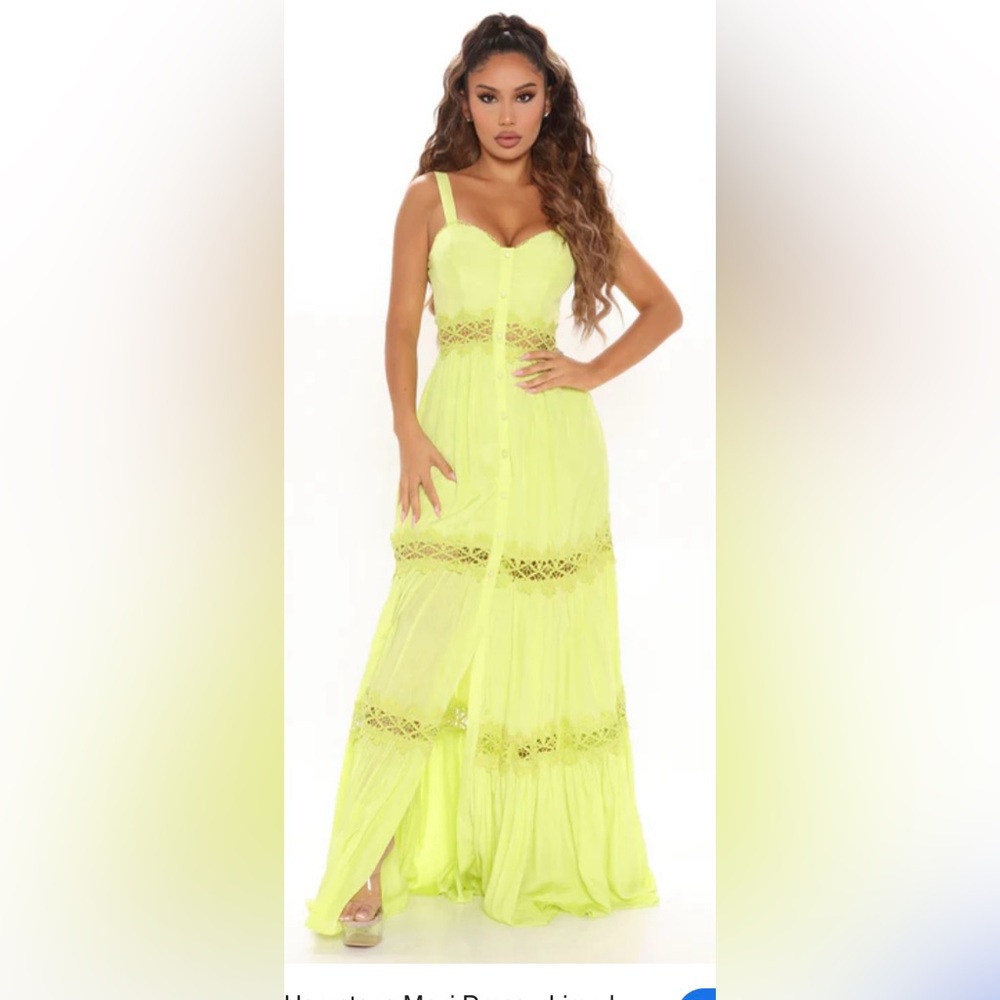 Fashion Nova Neon Green Maxi Dress with Lace Accents NWT